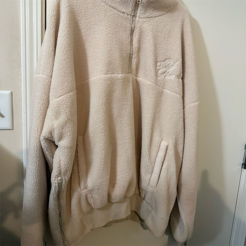 Club Paradise Men's Cream Sherpa Jacket Half-Zip Casual with Front Pocket NWT